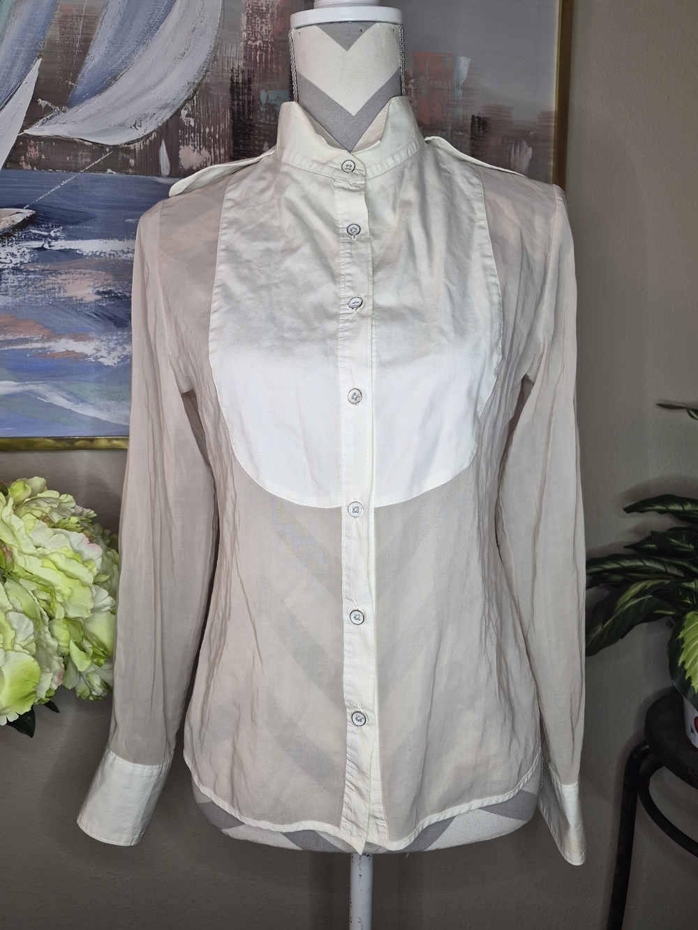 rag & bone Two-Tone See Through Button Front Blouse in Cream and Beige